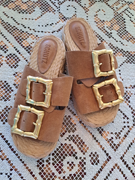 SCHUTZ Shoes - Schutz Enola Rope Suede Slide Sandals with Gold Buckles 6b New